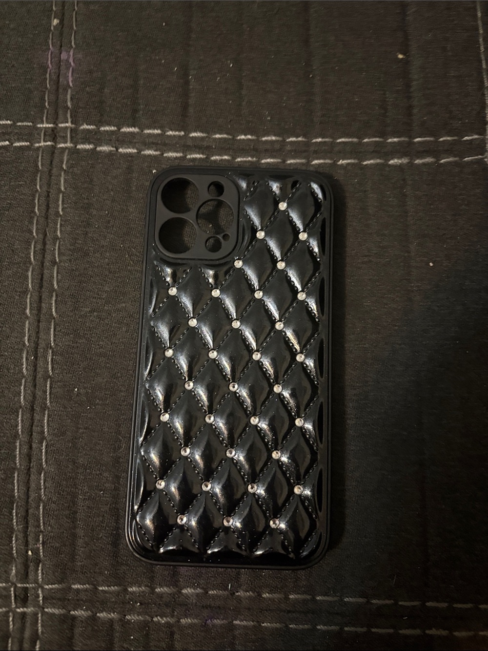 Black Quilted Rhinestone Phone Case for iPhone 15 pro